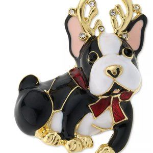 Holiday Lane Gold-Tone Pave Antlers French Bulldog Pin